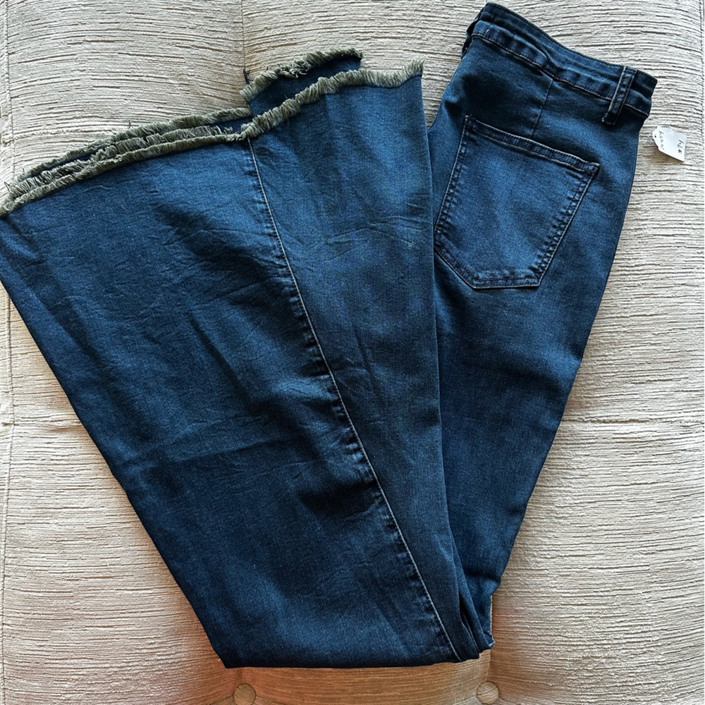 Three Bird Nest Dark Blue Frayed Hem Flare Leg Jeans